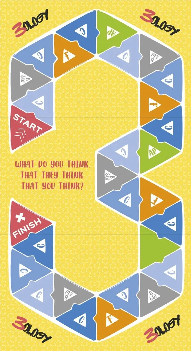 The 3ology board — a giant 3 made of triangle spaces, from START to FINISH