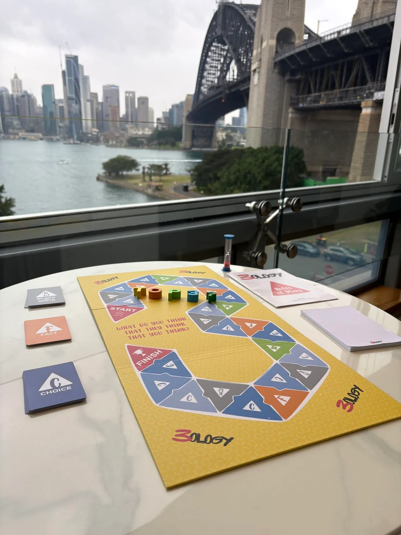 The board set for a game beneath Sydney Harbour Bridge