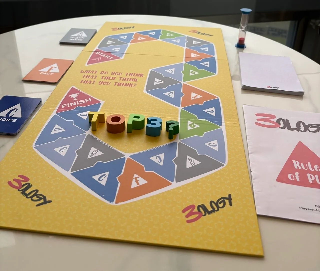 A game of 3ology in full swing — the board, cards and playing pieces out on the table